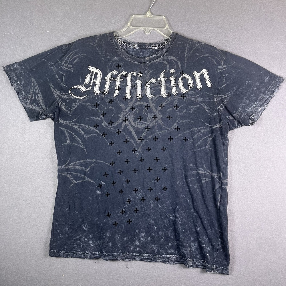 Vtg Affliction Shirt M Made in USA Y2K Grunge Fleur De Lis Gothic Cross Graphic